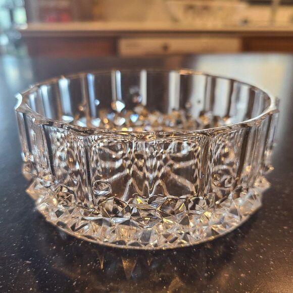 Diamond Cut Drum Shape Glass Crystal Round Open Trinket Candy Dish Vintage - Picture 3 of 10